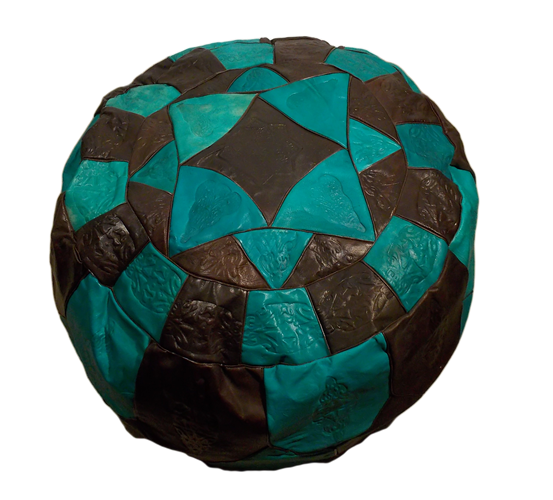 Moroccan Stamped Turquoise and Dark Brown Leather Pouf Ottoman Footstool